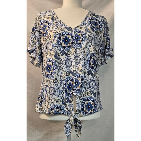 W5 Anthropologie Womens Blue Floral Eyelet Blouse Cottage Core Tie Front Top Med - Picture 2 of 8